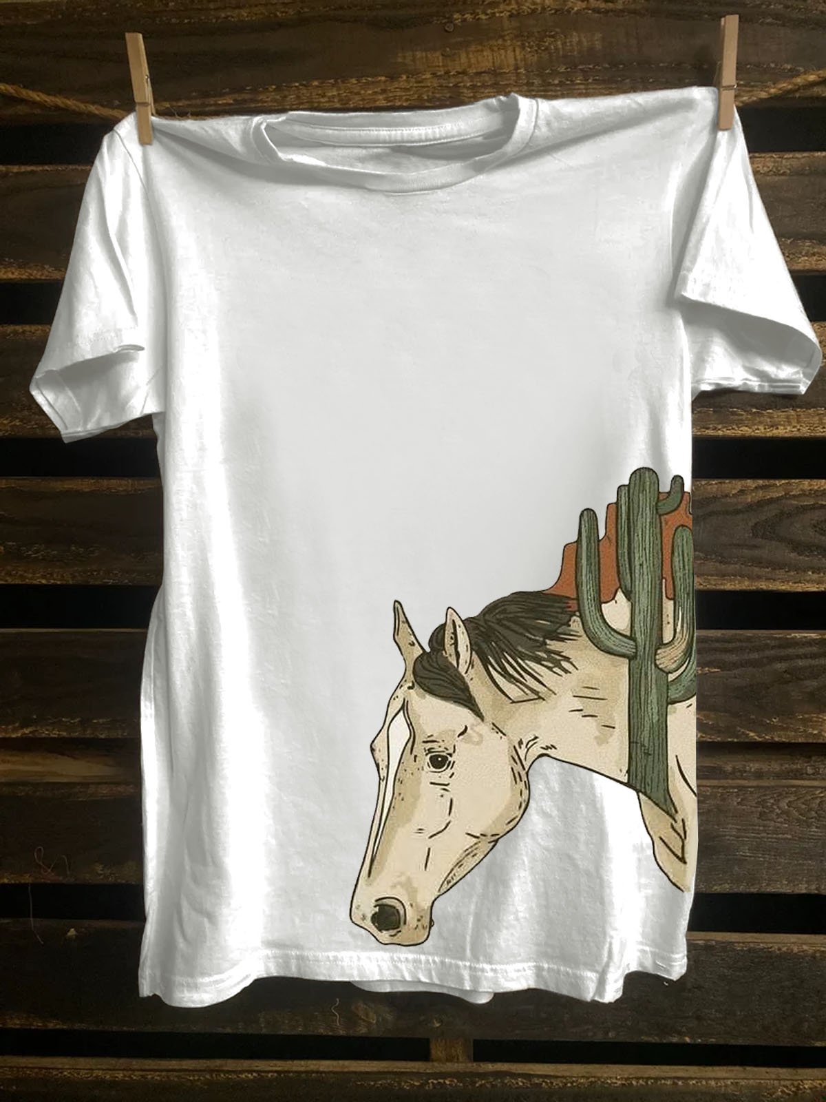 Cotton-Blend Loose Cactus Western Style T-Shirt