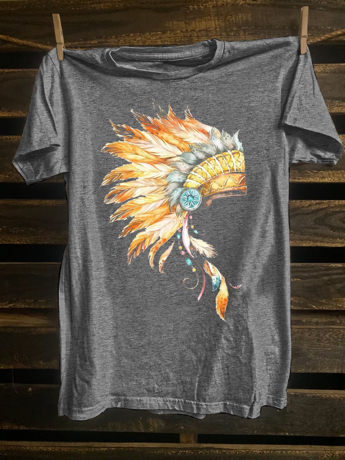 Western Style Cotton-Blend Loose Feather T-Shirt