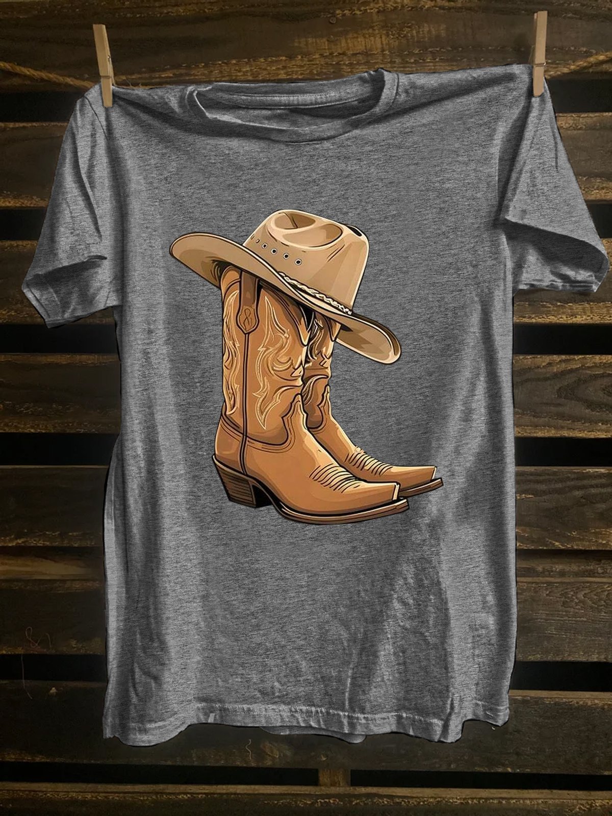 Women's Short Sleeve Cowboy Boots And Hat Monogram Print T-Shirt Casual Short Sleeve Crew