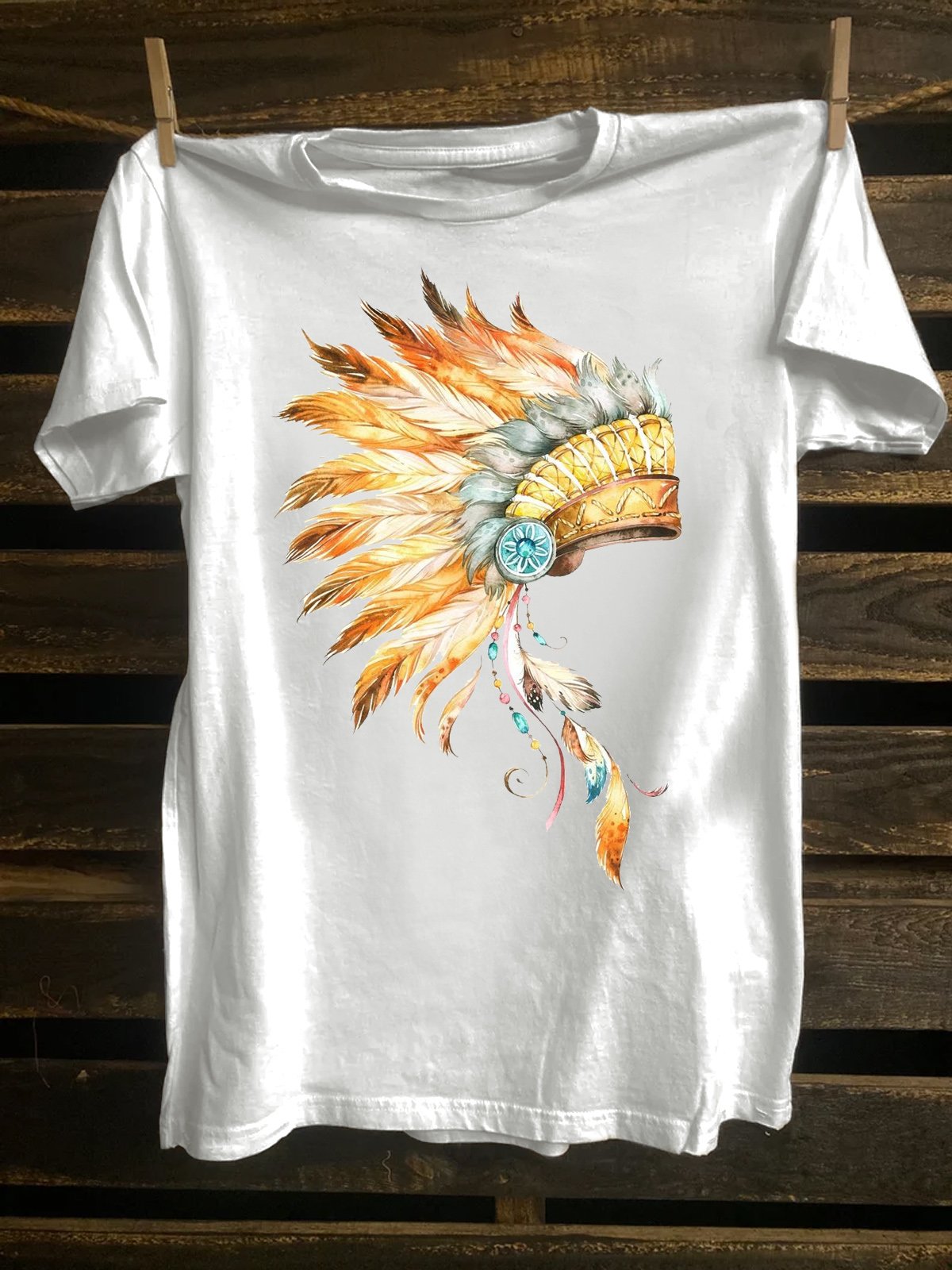 Western Style Cotton-Blend Loose Feather T-Shirt