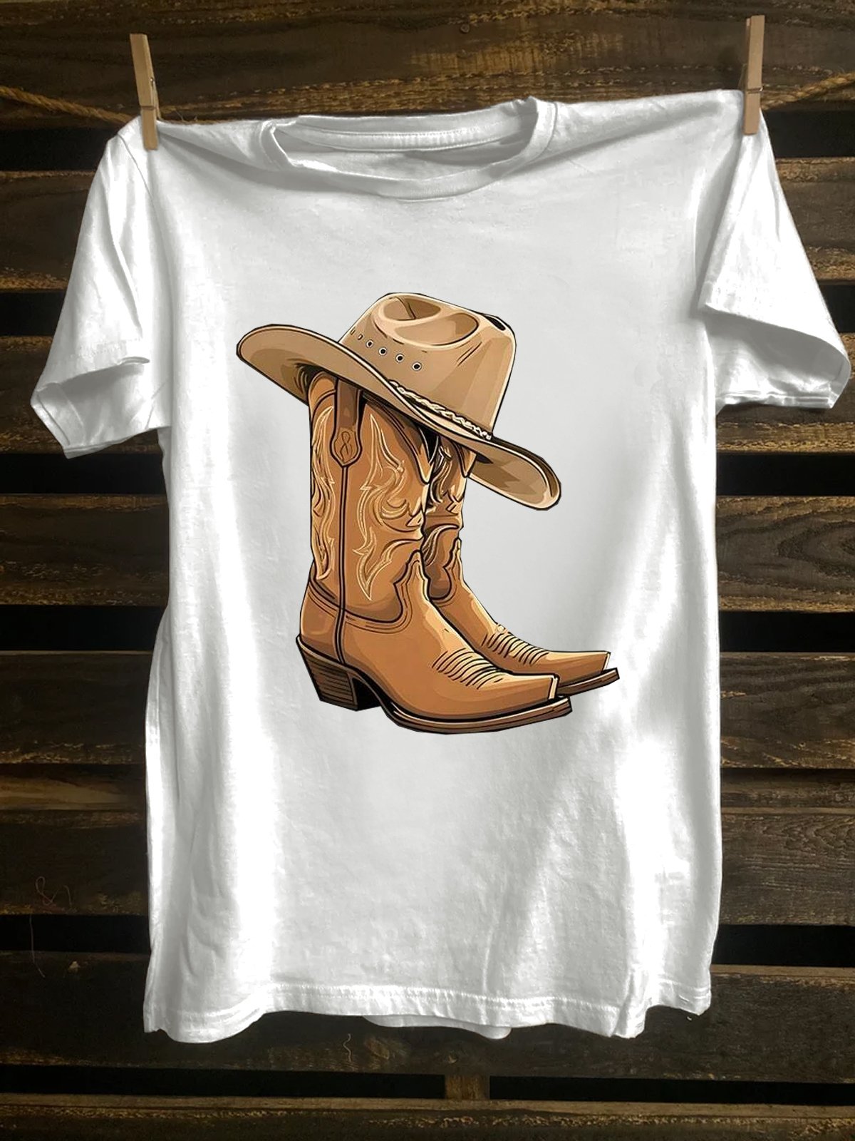 Women's Short Sleeve Cowboy Boots And Hat Monogram Print T-Shirt Casual Short Sleeve Crew