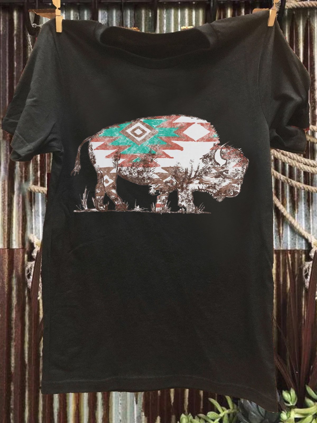 Cotton Western Style Buffalo  Loose T-Shirt