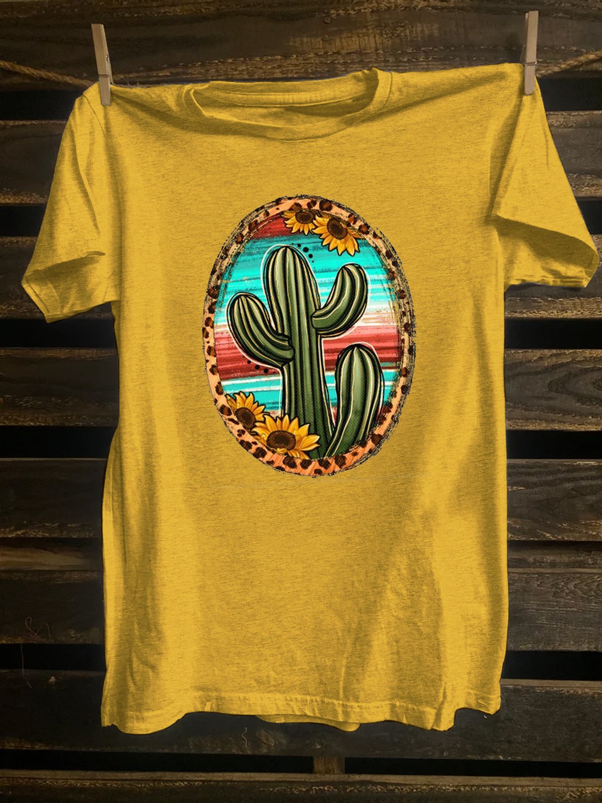 Cotton-Blend Crew Neck Cactus Western Style T-Shirt