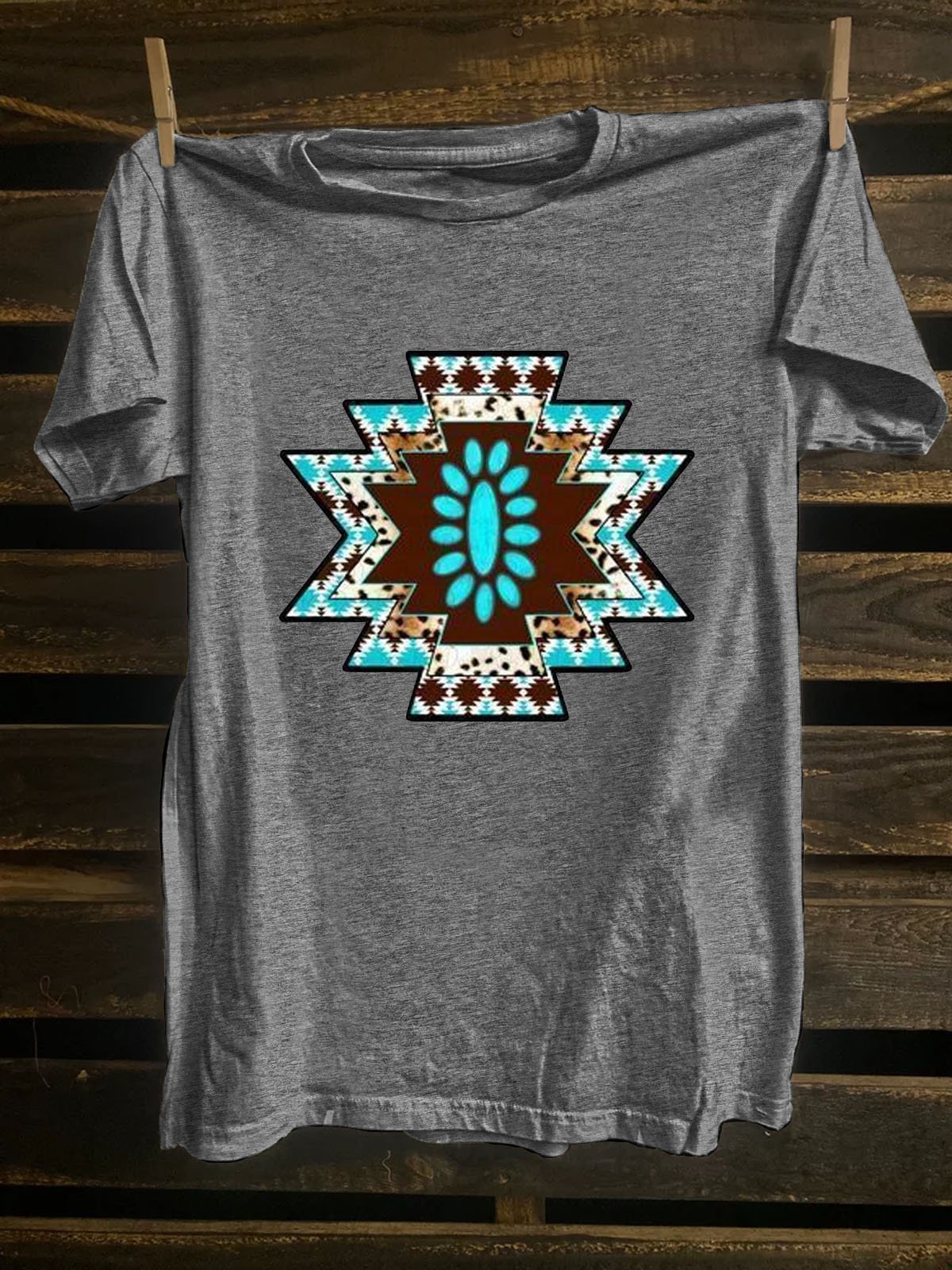 Crew Neck Western Style Ethnic Geometry T-Shirt