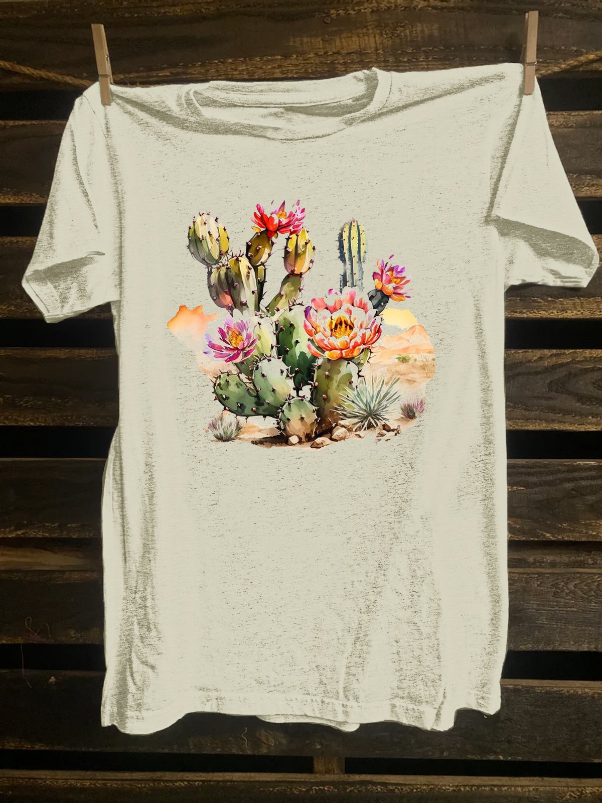 Cotton-Blend Crew Neck Western Style Cactus T-Shirt