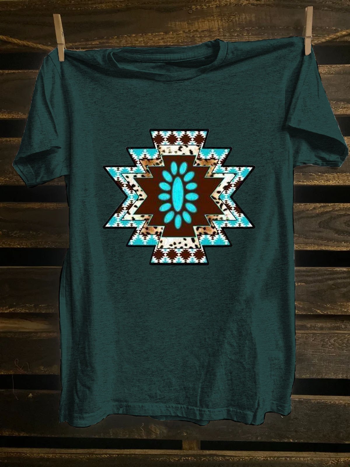 Crew Neck Western Style Ethnic Geometry T-Shirt