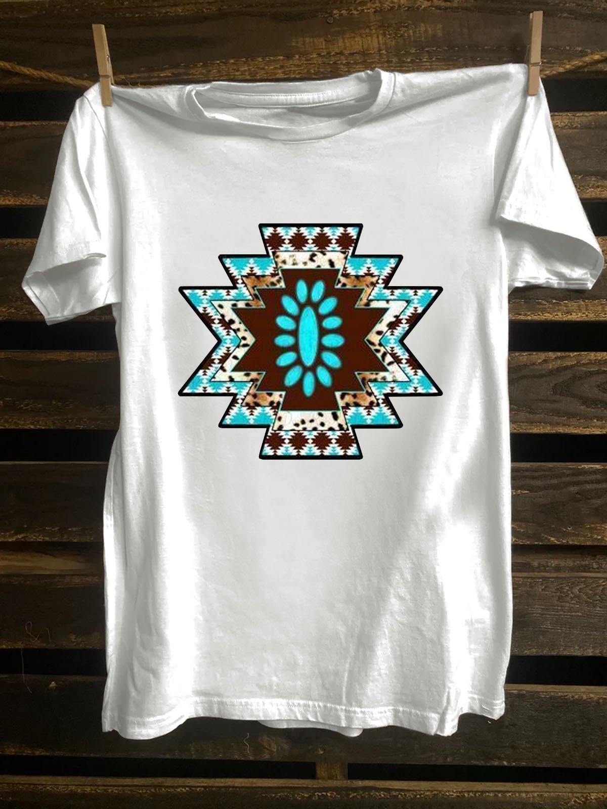 Crew Neck Western Style Ethnic Geometry T-Shirt