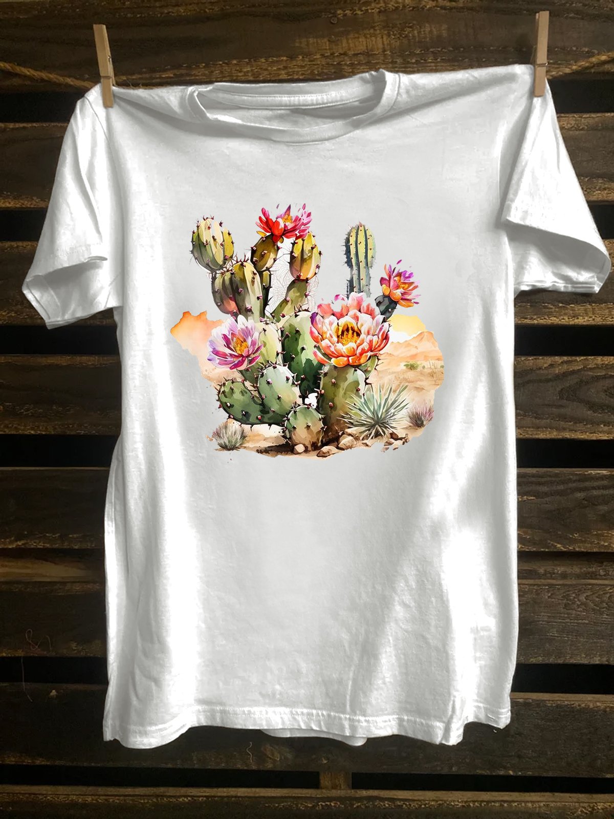 Cotton-Blend Crew Neck Western Style Cactus T-Shirt