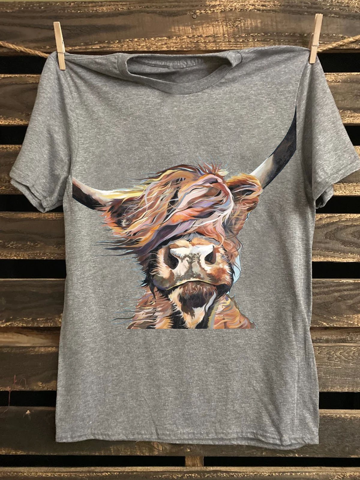 Western Style Crew Neck Cattle Printed T-Shirt