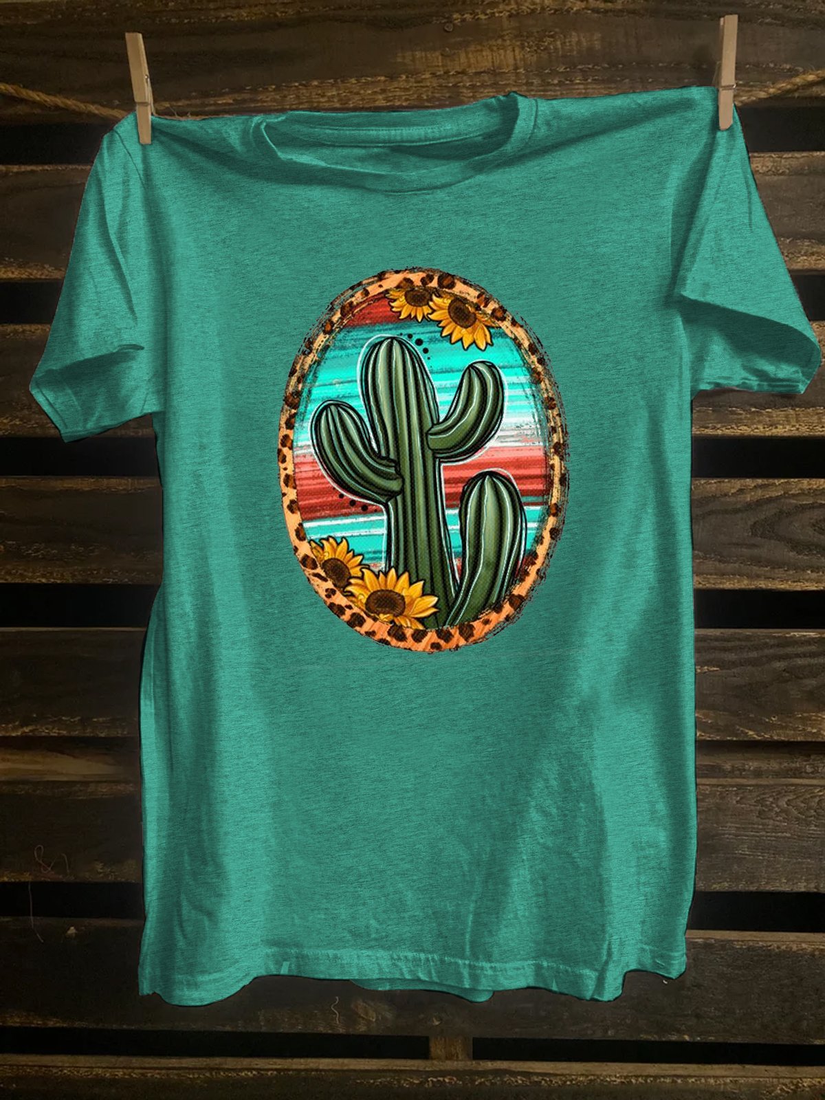 Cotton-Blend Crew Neck Cactus Western Style T-Shirt