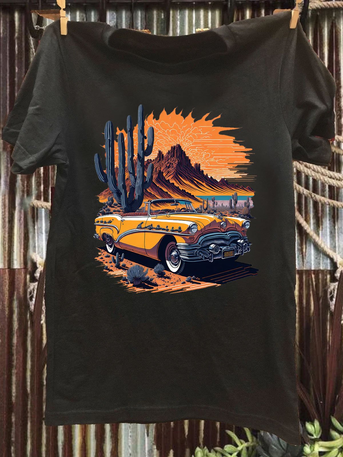 Cactus &Car Printed Western Style Loose Crew Neck T-Shirt