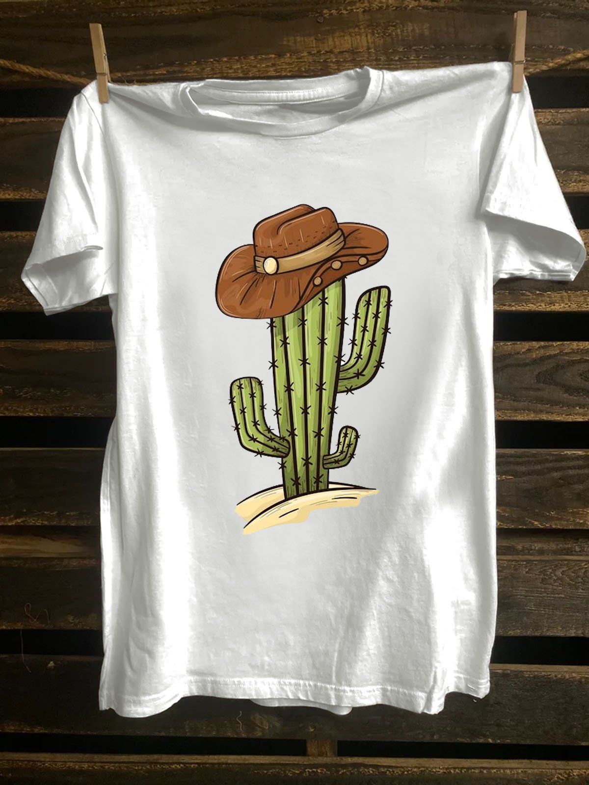 Western Style Crew Neck Cactus Printed T-Shirt