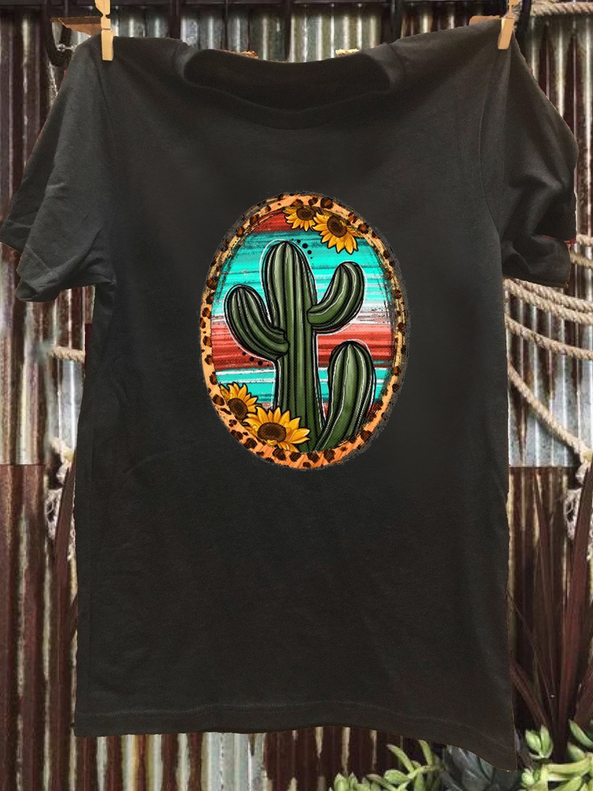 Cotton-Blend Crew Neck Cactus Western Style T-Shirt