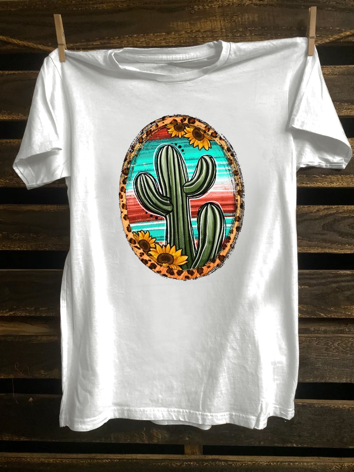 Cotton-Blend Crew Neck Cactus Western Style T-Shirt