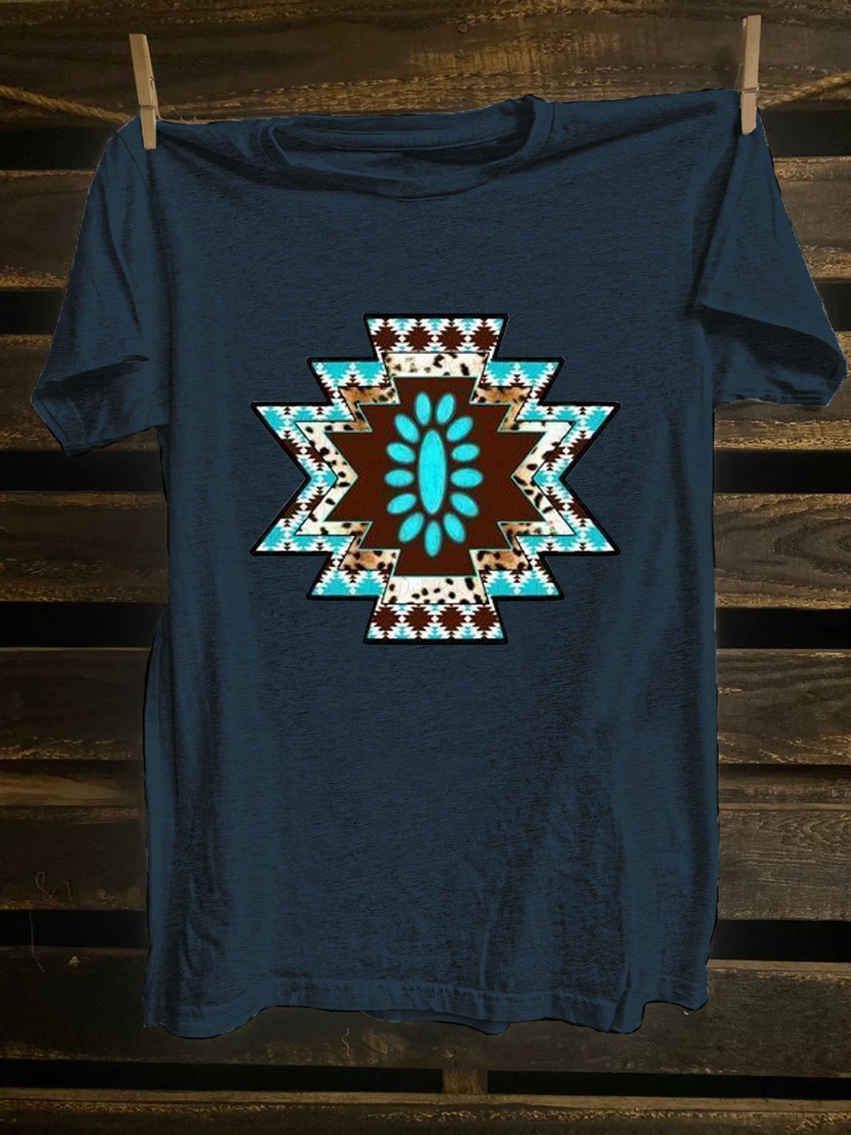 Crew Neck Western Style Ethnic Geometry T-Shirt