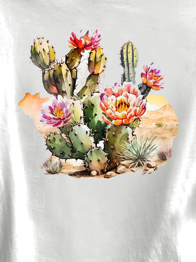 Cotton-Blend Crew Neck Western Style Cactus T-Shirt