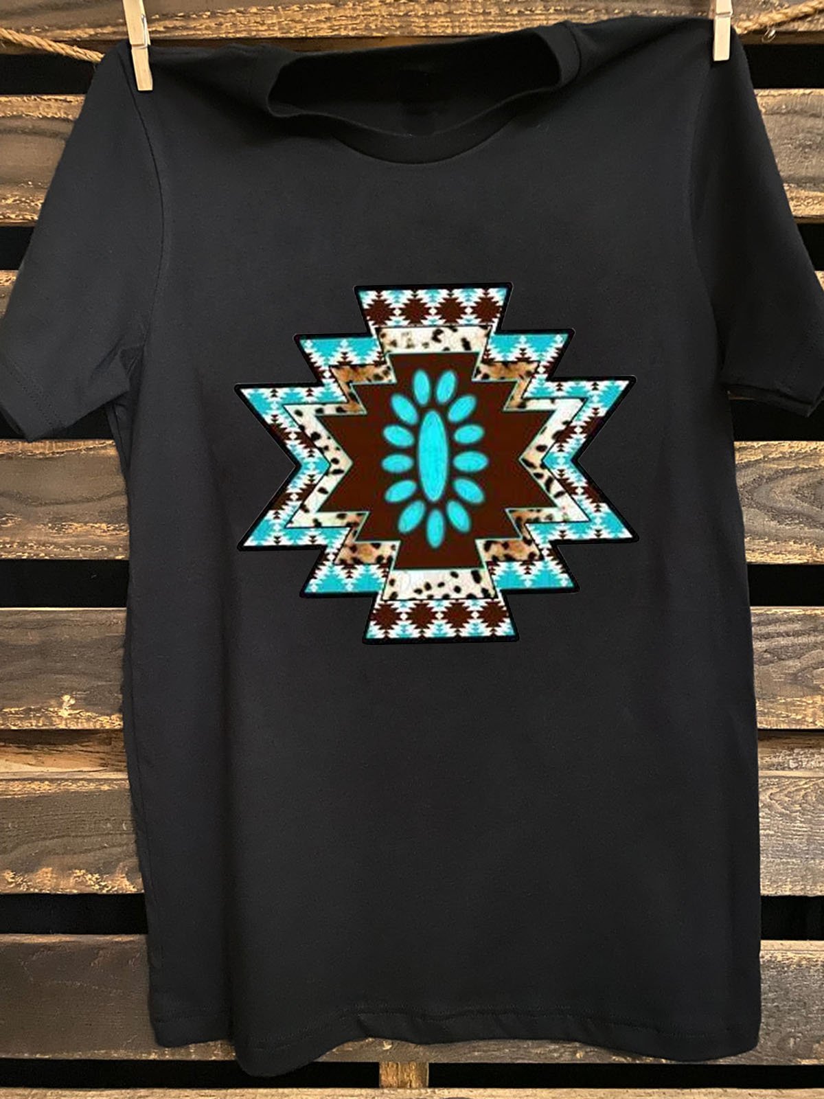 Crew Neck Western Style Ethnic Geometry T-Shirt