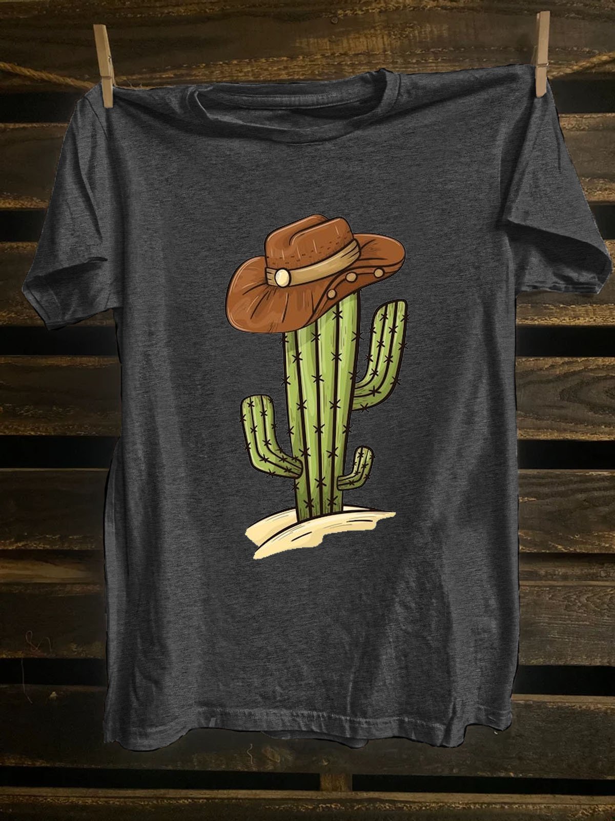 Western Style Crew Neck Cactus Printed T-Shirt