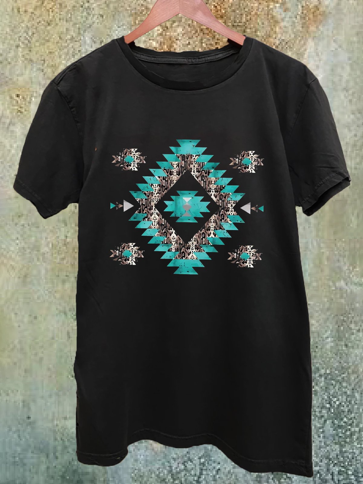 Crew Neck Cotton-Blend Ethnic Geometry Western Style T-Shirt