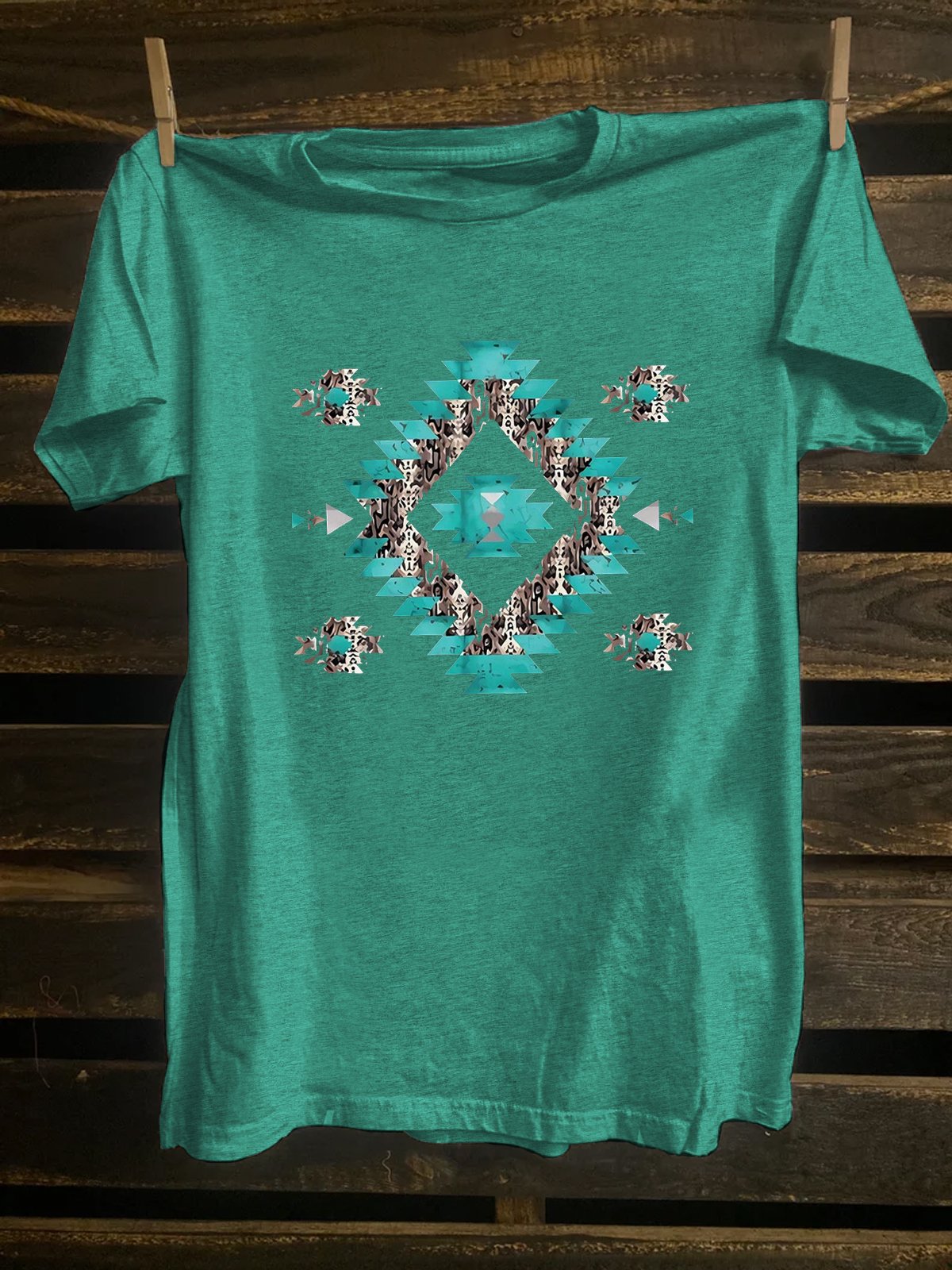 Crew Neck Cotton-Blend Ethnic Geometry Western Style T-Shirt