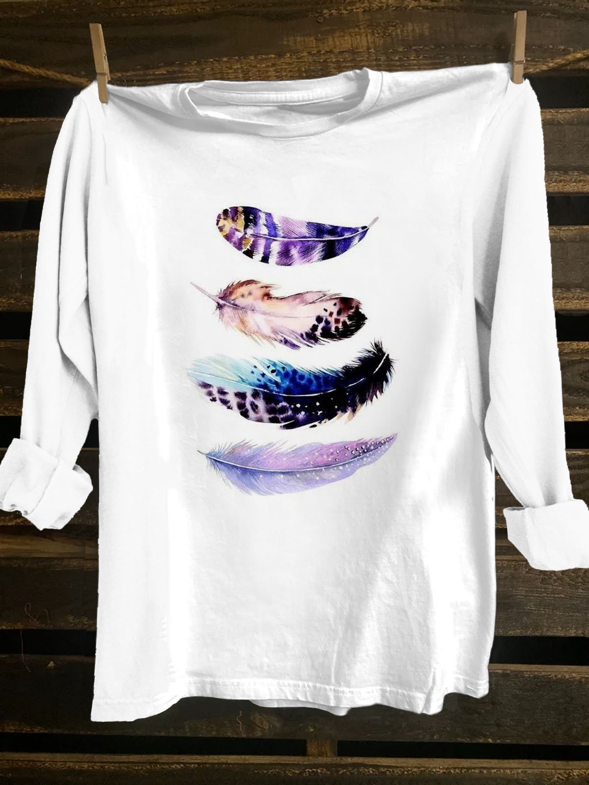 Feather Pattern Loose Cotton-Blend Western Style T-Shirt