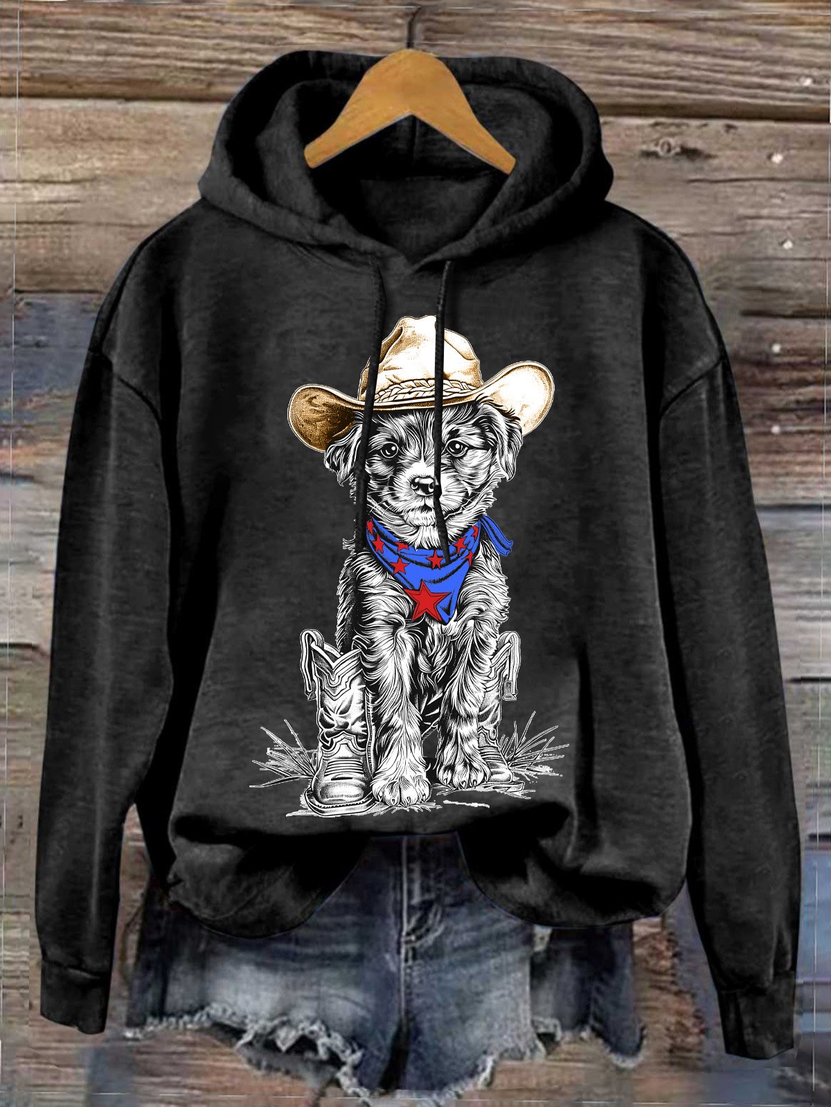 Western Style Cowboy Dog  Hoodie Cotton-Blend Hoodie