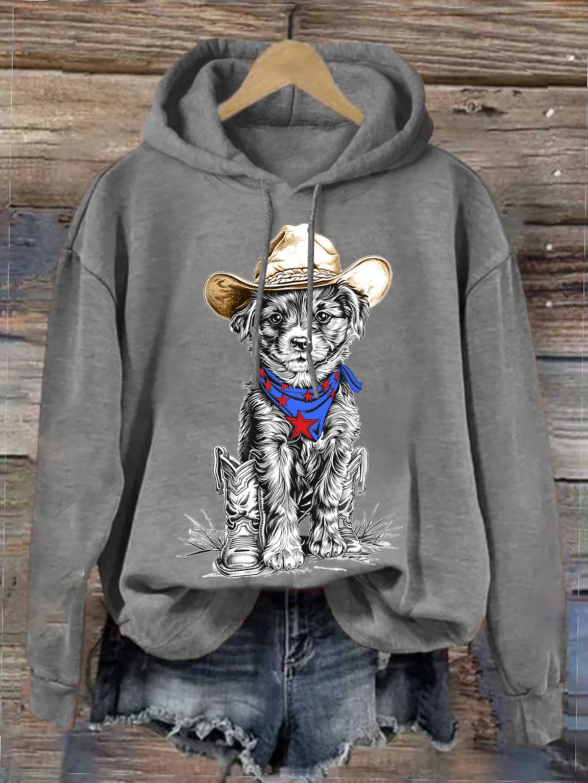 Western Style Cowboy Dog  Hoodie Cotton-Blend Hoodie