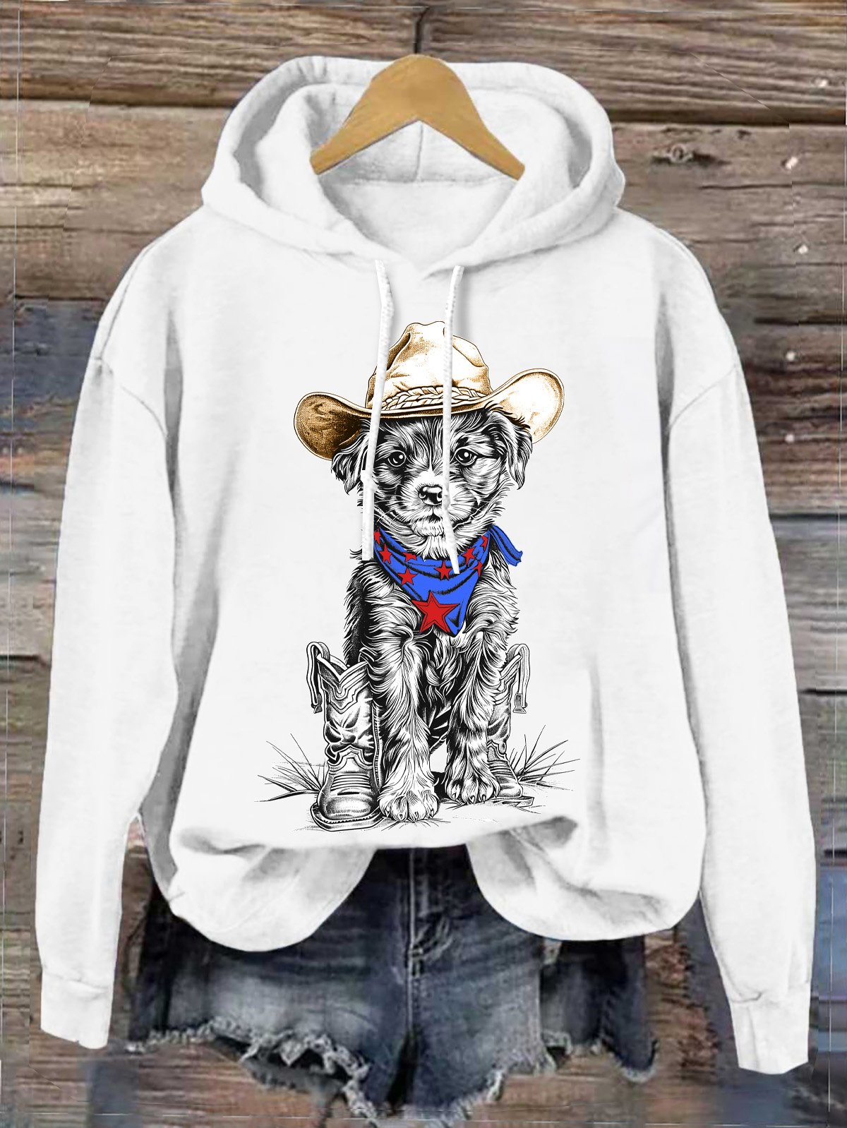 Western Style Cowboy Dog  Hoodie Cotton-Blend Hoodie