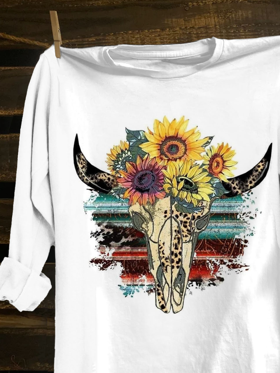 Cattle Skull Printed Western Style Long Sleeve T-Shirt