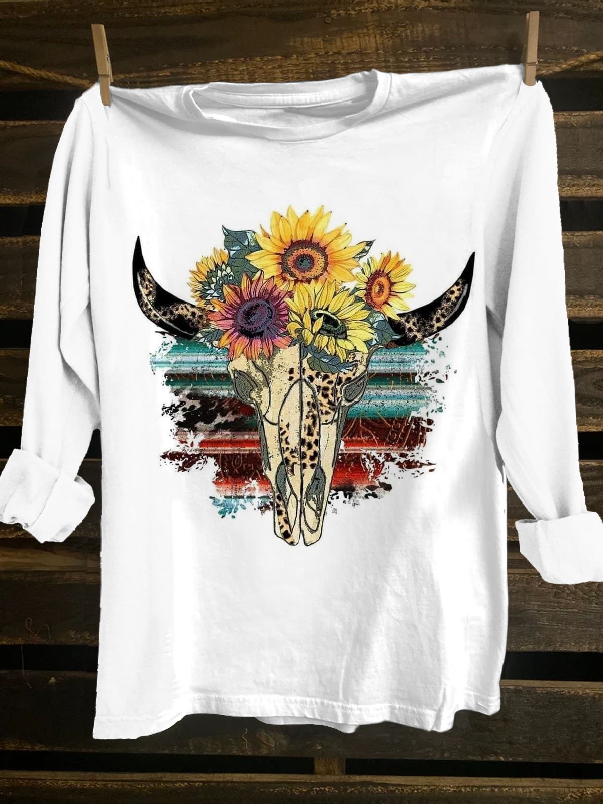 Cattle Skull Printed Western Style Long Sleeve T-Shirt