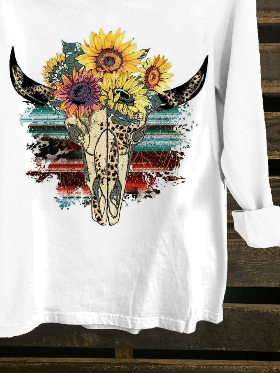 Cattle Skull Printed Western Style Long Sleeve T-Shirt